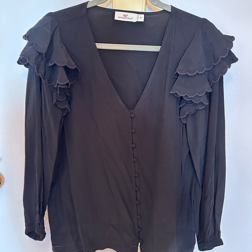 Vineyard Vines Black Ruffled V-Neck Blouse